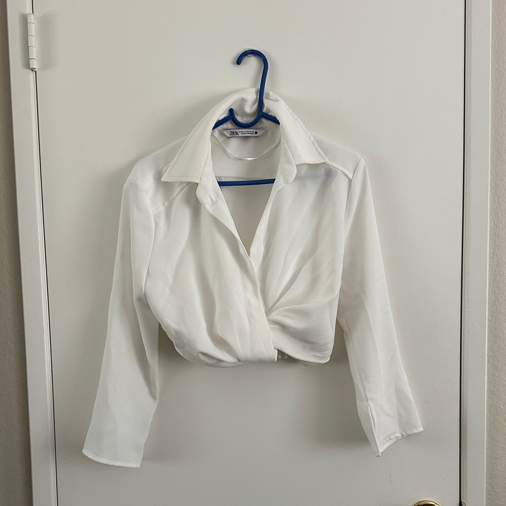 Zara White Twist-Front Collared Cropped Shirt